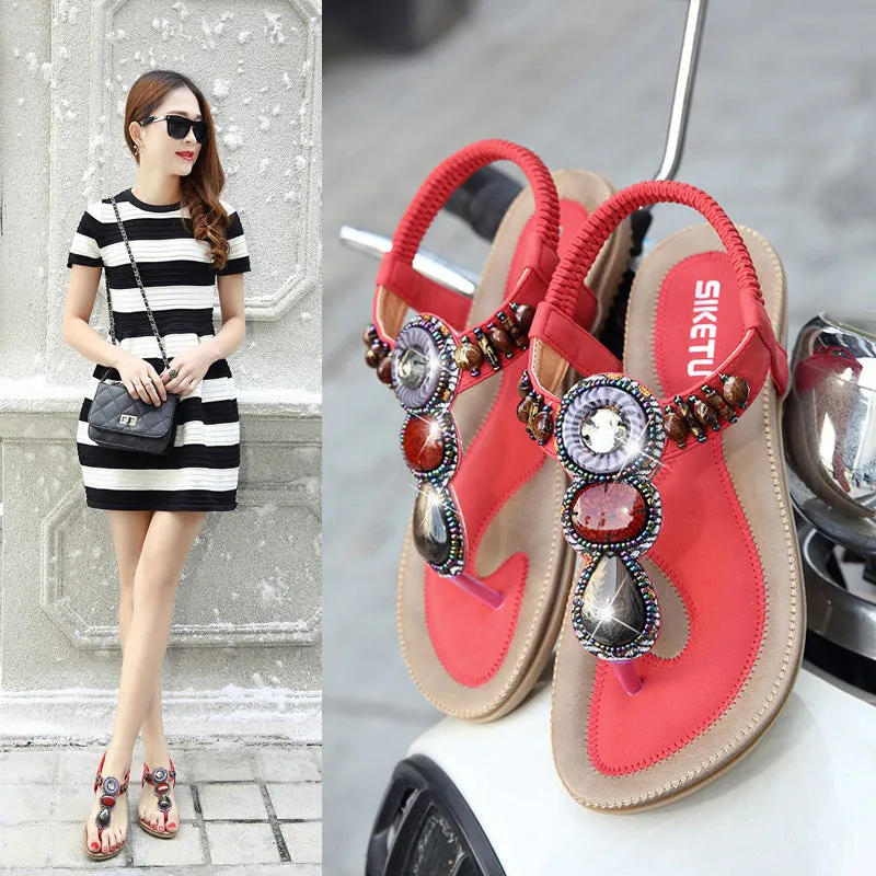 Gemstone and Metal Stretchy Ankle Strap Sandals