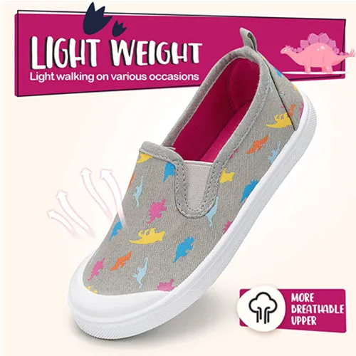 Girls Boys Slip On Lazy Toddler Canvas Sneakers Gray Dinosaur-- K KomForme