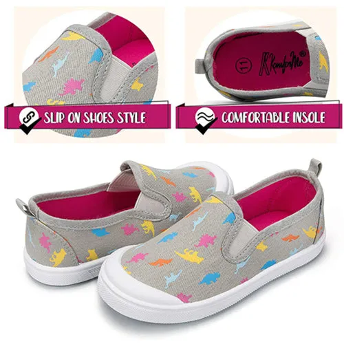 Girls Boys Slip On Lazy Toddler Canvas Sneakers Gray Dinosaur-- K KomForme