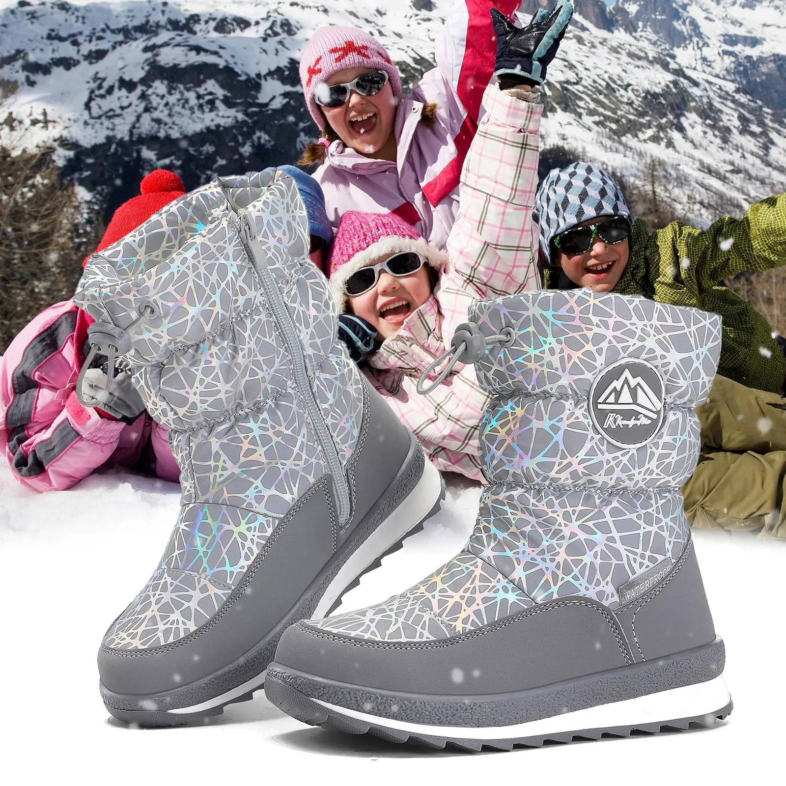 Gray Laser Line Side Zip Kids Rain Boots
