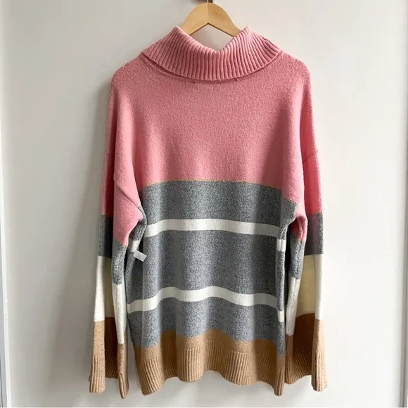[h by halston] colorblock stripe cowl neck bell sleeve tunic sweater pink L