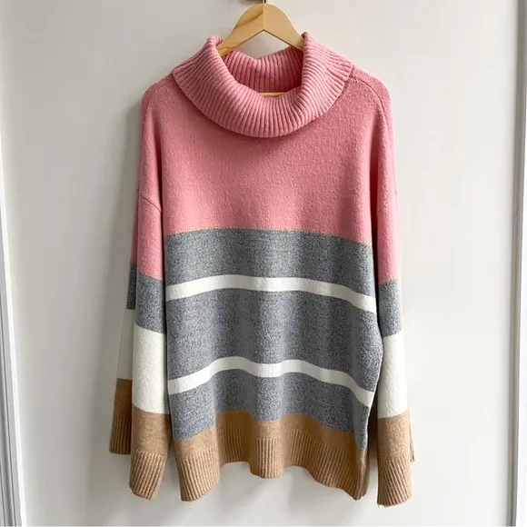 [h by halston] colorblock stripe cowl neck bell sleeve tunic sweater pink L