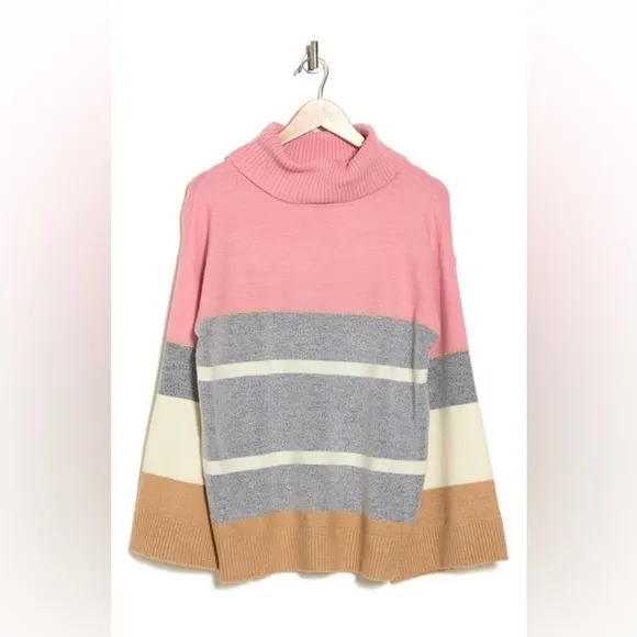 [h by halston] colorblock stripe cowl neck bell sleeve tunic sweater pink L