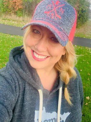 Hats { Mn Girl } Hockey sticks and hockey puck. State of Minnesota or any state available. See assorted colors. Trucker. Unisex. Adjustable snap back.