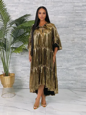 HJK1983GP - FOIL HALF SLEEVE COLORBLOCK HILO DRESS