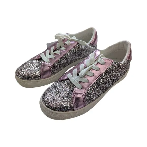 J. Crew Factory Girls Glitter Lace-Up Sneakers Size K4 Pink Silver NWT $89 BY995