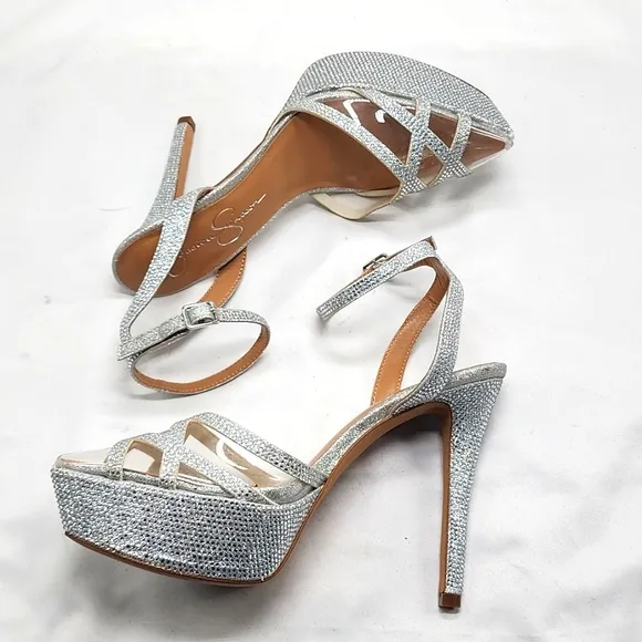 JESSICA SIMPSON●OLUINA● EMBELLISHED●PLATFORM PUMP●SILVER/CLEAR ●LADIES 7.5●NWOB●