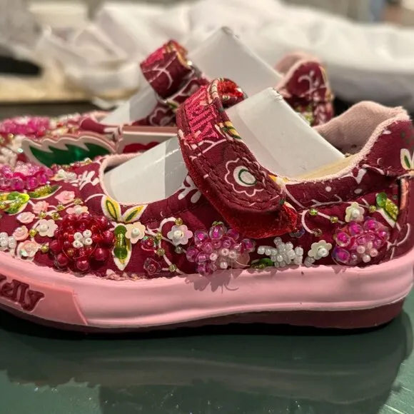 Lelli Kelly MILLY Wine Red Mary Janes Dolly Shoes LK Beaded Flowers New Floral