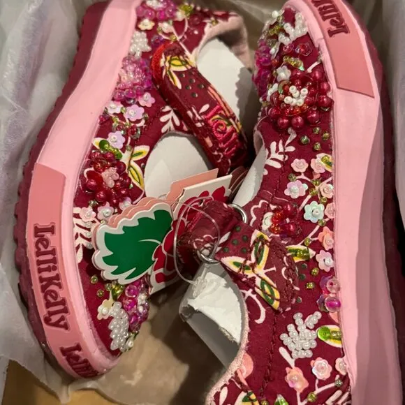 Lelli Kelly MILLY Wine Red Mary Janes Dolly Shoes LK Beaded Flowers New Floral