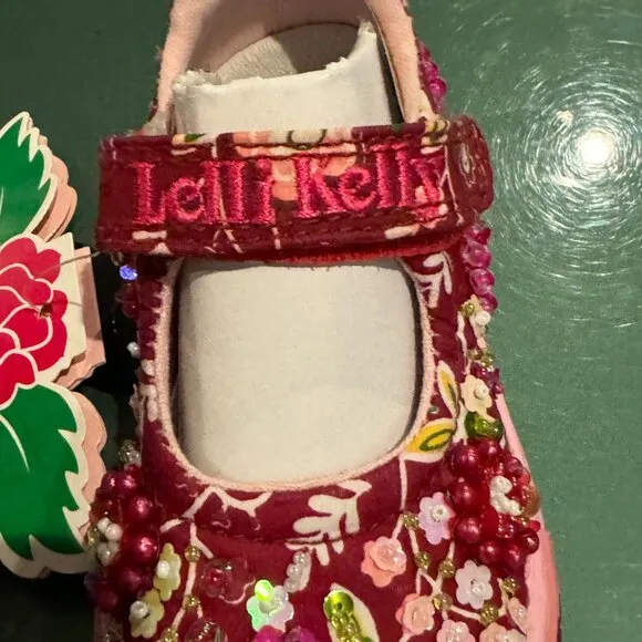 Lelli Kelly MILLY Wine Red Mary Janes Dolly Shoes LK Beaded Flowers New Floral