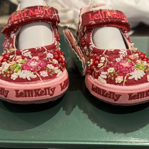 Lelli Kelly MILLY Wine Red Mary Janes Dolly Shoes LK Beaded Flowers New Floral