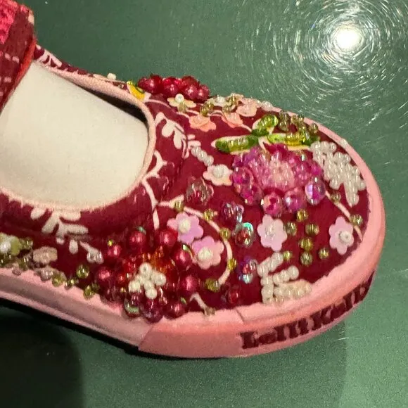 Lelli Kelly MILLY Wine Red Mary Janes Dolly Shoes LK Beaded Flowers New Floral