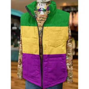 Mardi Gras Purple Green and Gold Colorblock Puffer Vest with Pockets