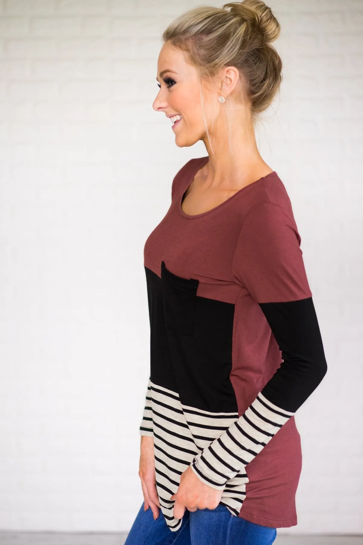 Maroon & Black Striped Colorblock Pocket Top