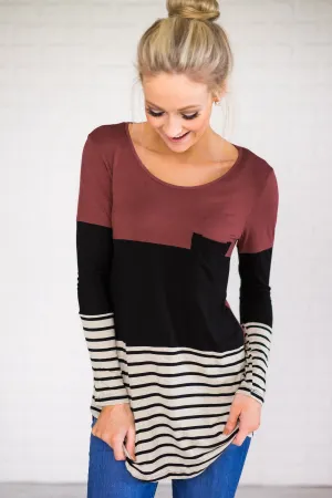Maroon & Black Striped Colorblock Pocket Top
