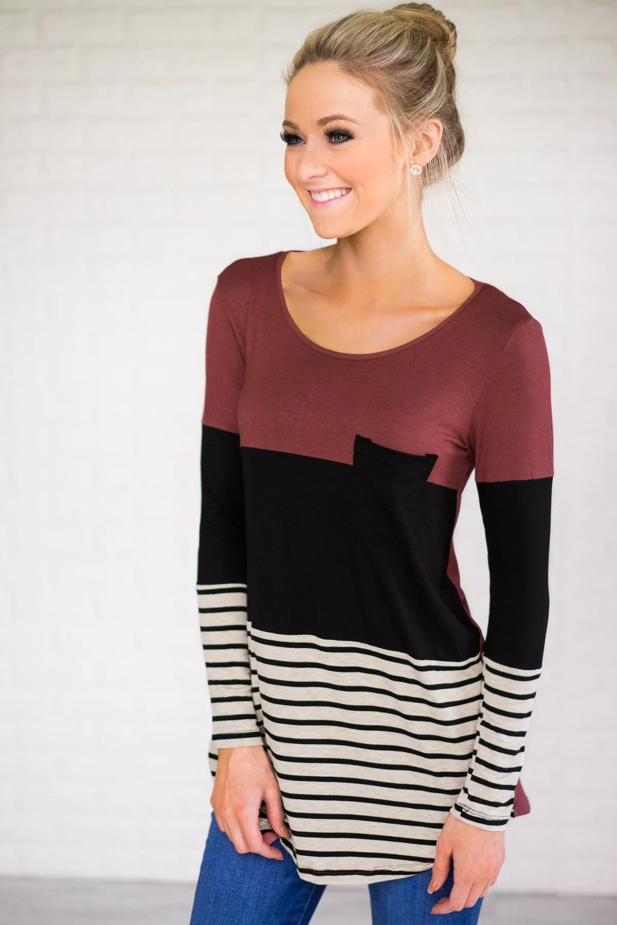 Maroon & Black Striped Colorblock Pocket Top