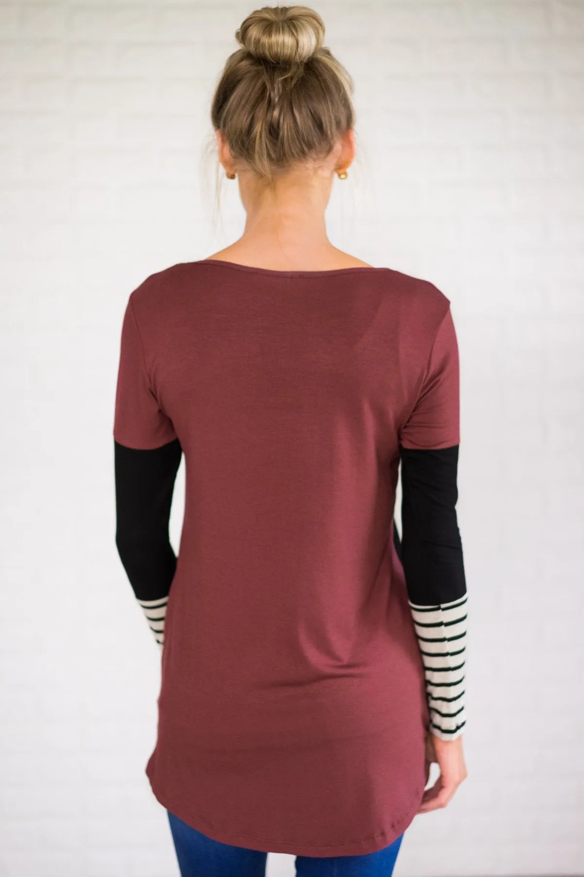 Maroon & Black Striped Colorblock Pocket Top