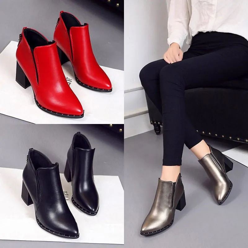 Martin Boots Women Casual Leather Boots Pointed Toe Buckle Warm Plush Women Ankle Boots