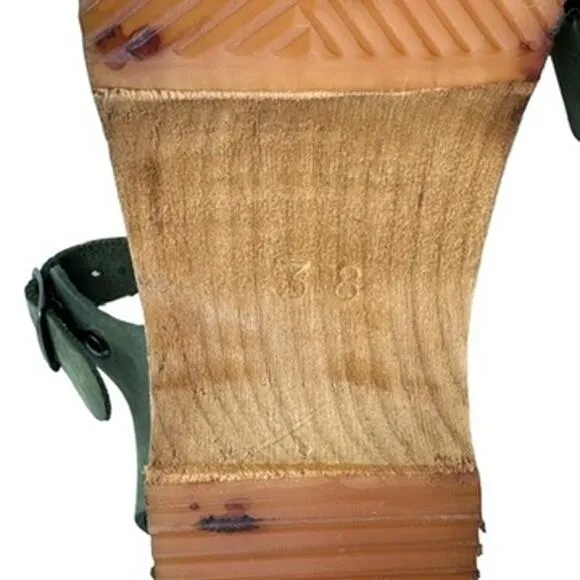 Mia Women's Green Leather Strap Wooden Clog Sandal Open Toe Ankle Buckle Size 38