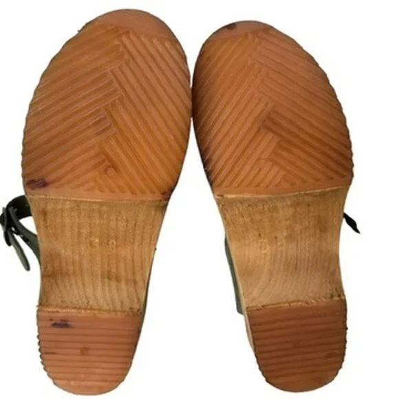 Mia Women's Green Leather Strap Wooden Clog Sandal Open Toe Ankle Buckle Size 38