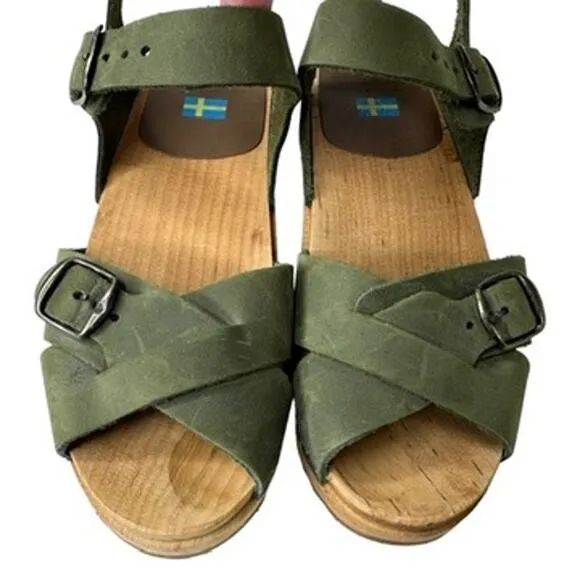 Mia Women's Green Leather Strap Wooden Clog Sandal Open Toe Ankle Buckle Size 38