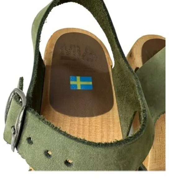 Mia Women's Green Leather Strap Wooden Clog Sandal Open Toe Ankle Buckle Size 38