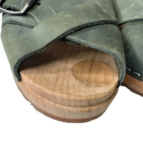 Mia Women's Green Leather Strap Wooden Clog Sandal Open Toe Ankle Buckle Size 38