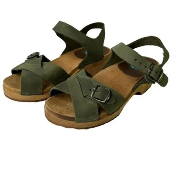 Mia Women's Green Leather Strap Wooden Clog Sandal Open Toe Ankle Buckle Size 38