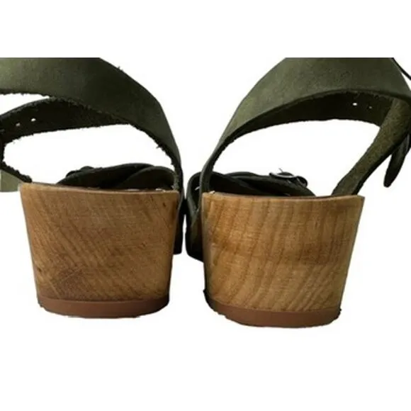 Mia Women's Green Leather Strap Wooden Clog Sandal Open Toe Ankle Buckle Size 38