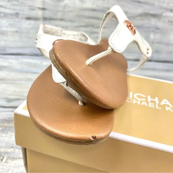 Michael Michael Kors White Thong Sandal “Sumac” Ankle Strap Rose Gold In Box 4M