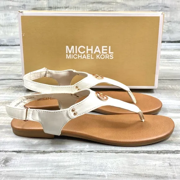 Michael Michael Kors White Thong Sandal “Sumac” Ankle Strap Rose Gold In Box 4M