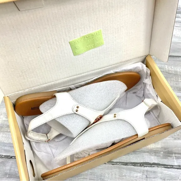 Michael Michael Kors White Thong Sandal “Sumac” Ankle Strap Rose Gold In Box 4M