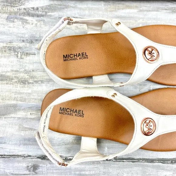 Michael Michael Kors White Thong Sandal “Sumac” Ankle Strap Rose Gold In Box 4M