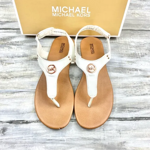 Michael Michael Kors White Thong Sandal “Sumac” Ankle Strap Rose Gold In Box 4M