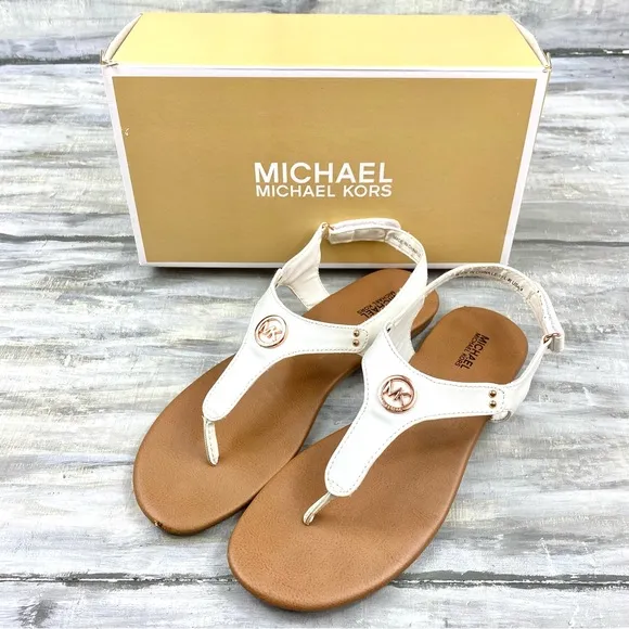 Michael Michael Kors White Thong Sandal “Sumac” Ankle Strap Rose Gold In Box 4M