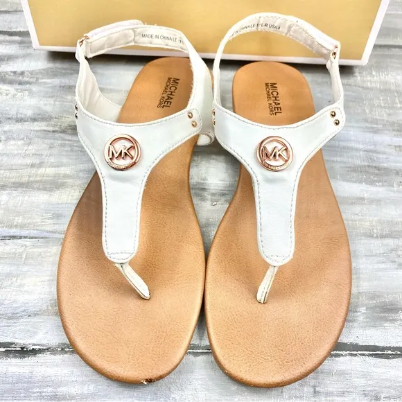 Michael Michael Kors White Thong Sandal “Sumac” Ankle Strap Rose Gold In Box 4M