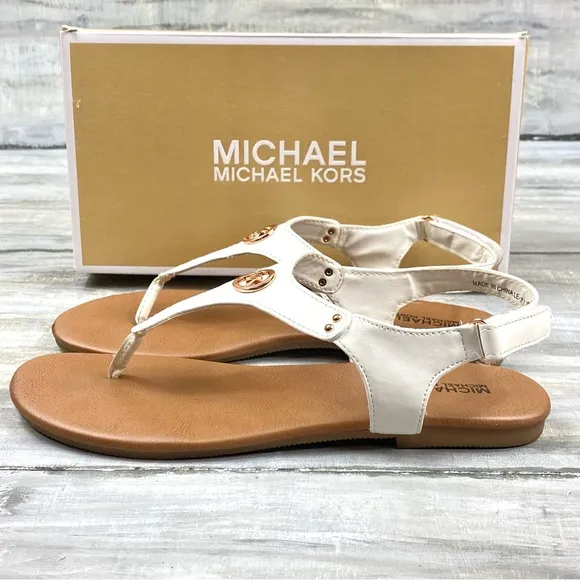 Michael Michael Kors White Thong Sandal “Sumac” Ankle Strap Rose Gold In Box 4M