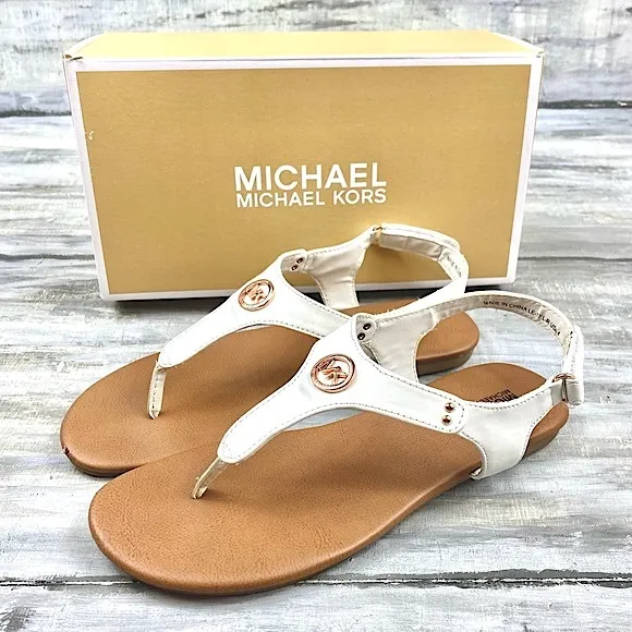 Michael Michael Kors White Thong Sandal “Sumac” Ankle Strap Rose Gold In Box 4M