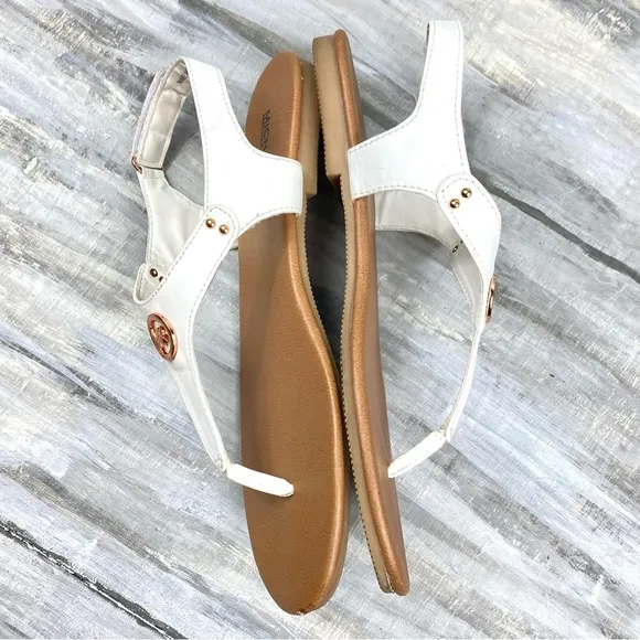 Michael Michael Kors White Thong Sandal “Sumac” Ankle Strap Rose Gold In Box 4M