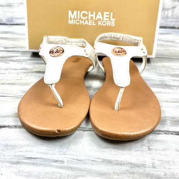 Michael Michael Kors White Thong Sandal “Sumac” Ankle Strap Rose Gold In Box 4M