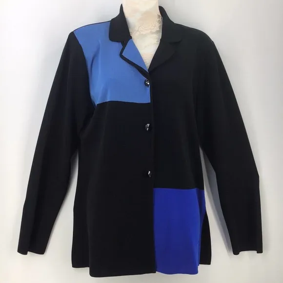 Misook Exclusively Small Button Front Cardigan Blue Black Colorblock Collared
