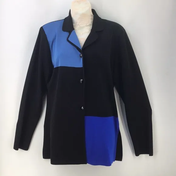 Misook Exclusively Small Button Front Cardigan Blue Black Colorblock Collared