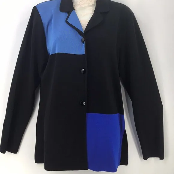 Misook Exclusively Small Button Front Cardigan Blue Black Colorblock Collared