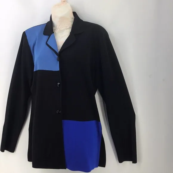 Misook Exclusively Small Button Front Cardigan Blue Black Colorblock Collared
