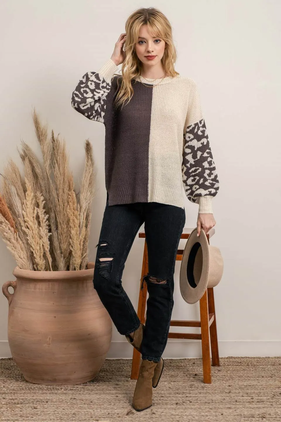 Mix It Up Leopard Colorblock Sweater-2 Colors Available