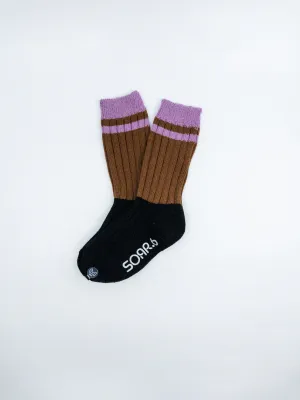 Modern Colorblock Socks | Brown w/Lavender Stripes Black feet | Kids Sizes 2-8Y