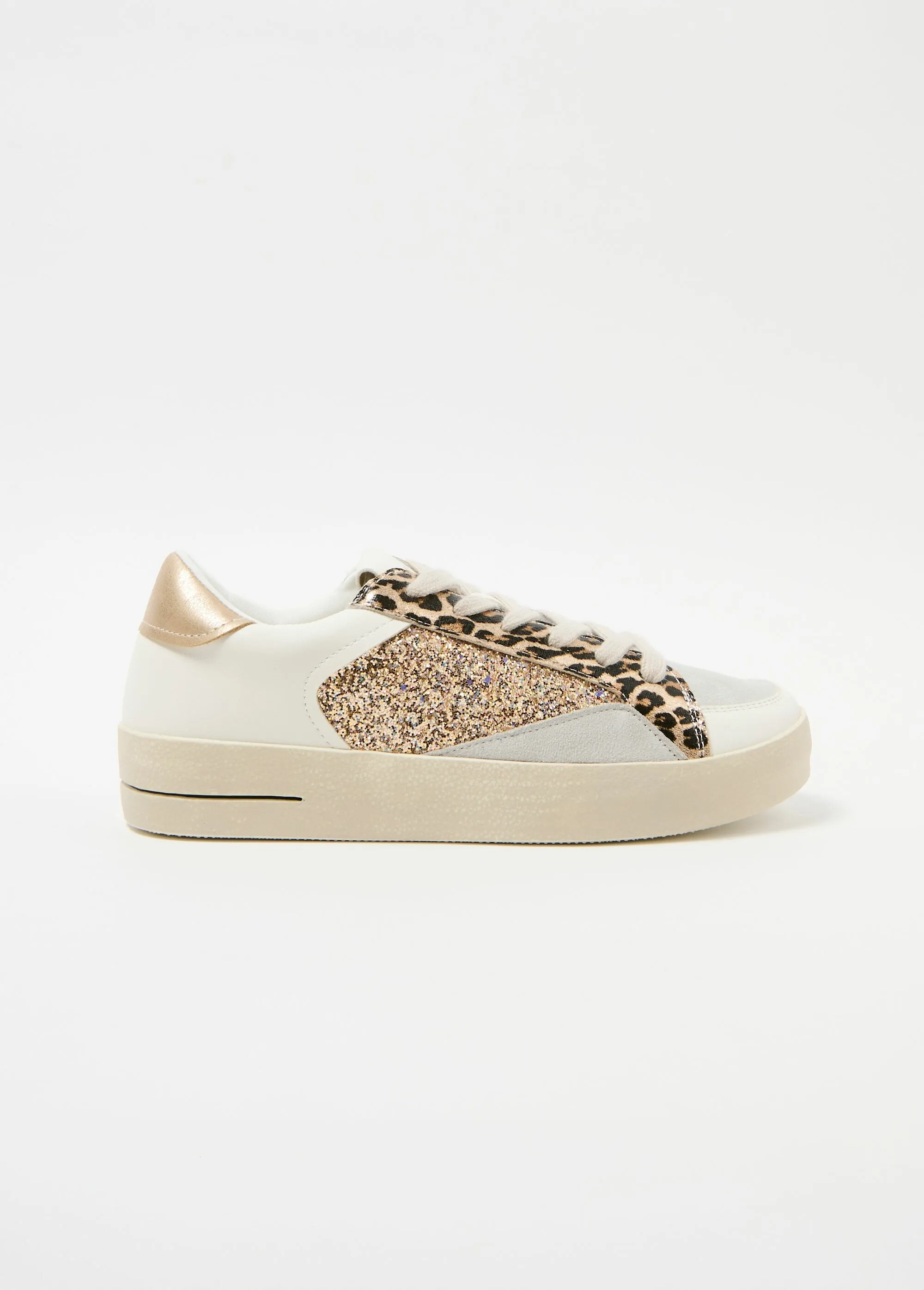 Multi-material leopard glitter sneakers
