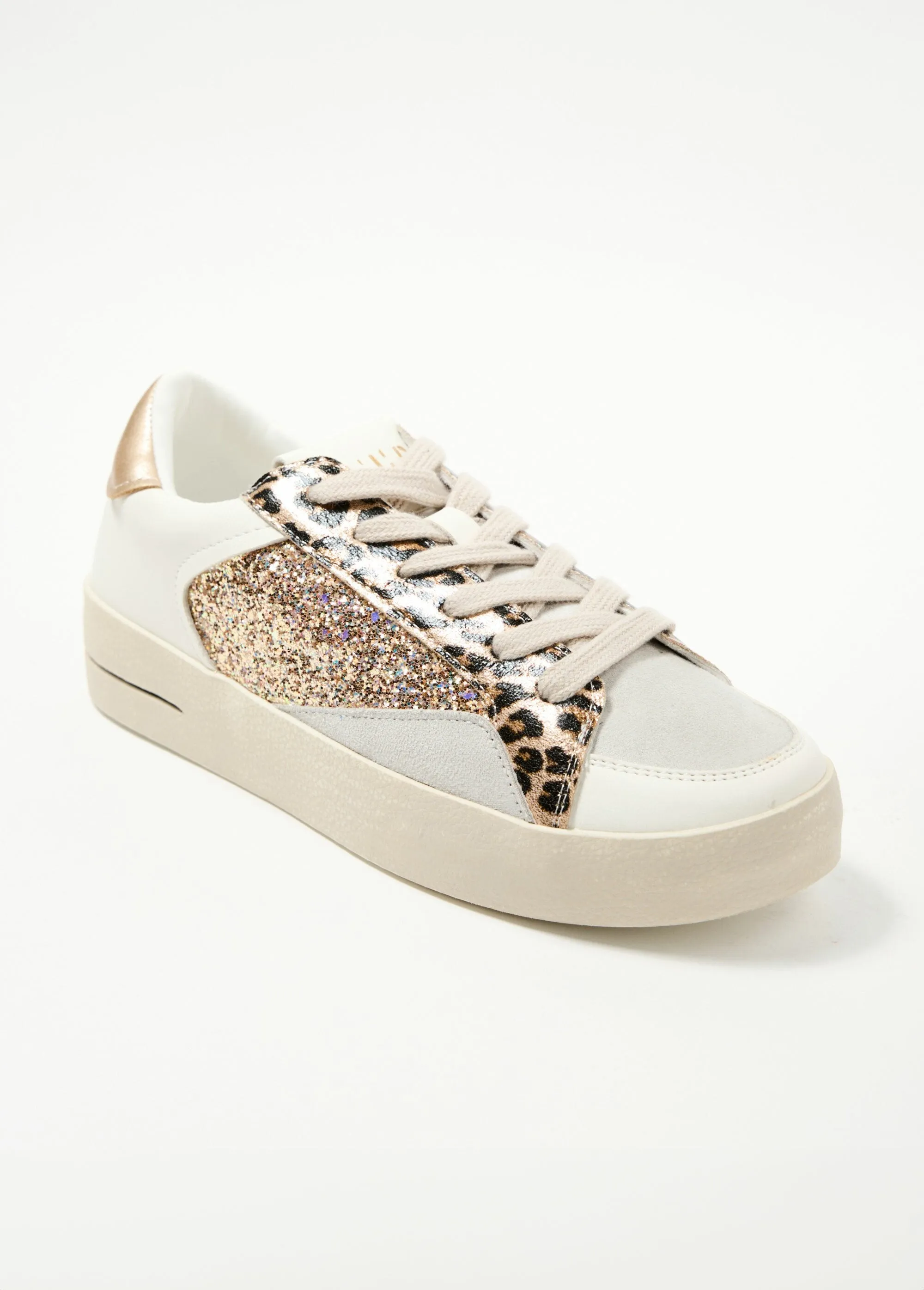 Multi-material leopard glitter sneakers
