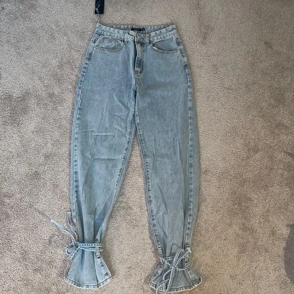 Nasty Gal tie strap ankle mom jean light blue