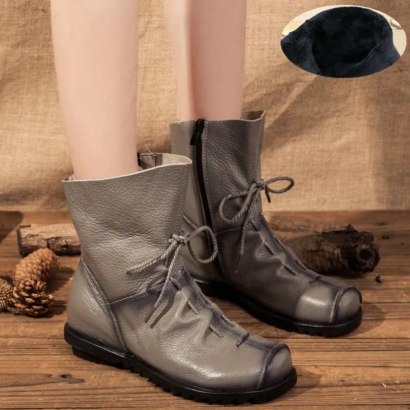 National Style Top Layer Cowhide Short Boots Women's